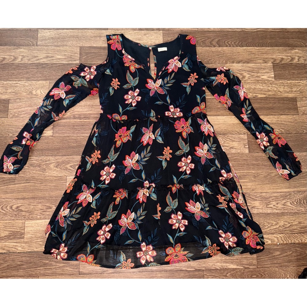 Hollister Floral‎ Cold Shoulder Long Sleeve Dress Tiered Black XS